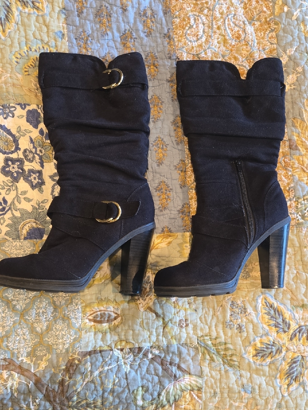 Soda Black Suede Mid-Calf Heeled Boots with Buckle Detail